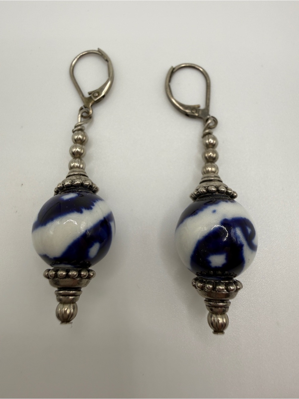 Blue and White Porcelain Drop Earrings with Silver Accents